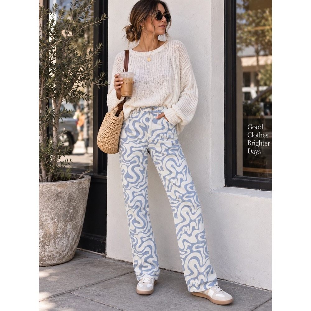 Cotton On Blue Cream Swirl Print Straight Leg Jeans